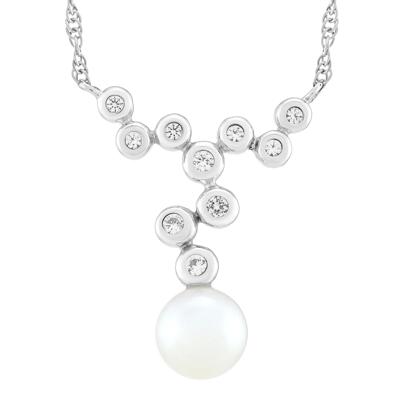 Freshwater Cultured Pearl and Lab-Created White Sapphire Bezel Scatter Necklace in Sterling Silver