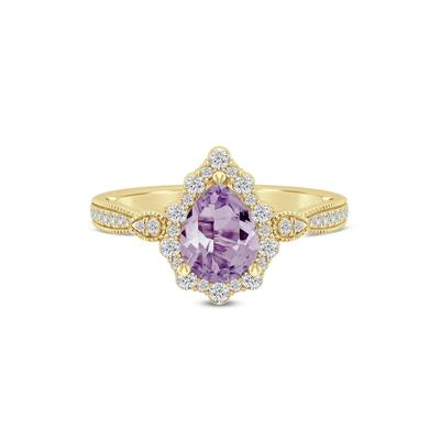 Pear-Shaped Rose De France Amethyst & Diamond Engagement Ring in 14K Yellow Gold (1/3 ct. tw.)