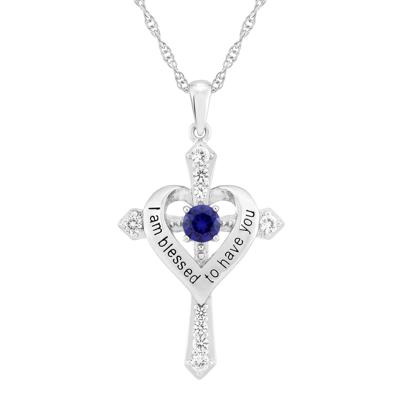 I Am Blessed to Have You Lab-Created Blue Sapphire and Lab-Created White Sapphire Cross Pendant in Sterling Silver
