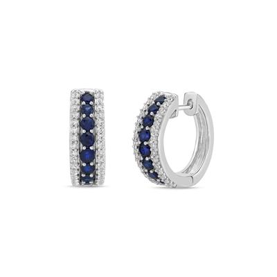 Lab-Created Blue Sapphire and Lab-Created White Sapphire Graduated Hoop Earrings in Sterling Silver