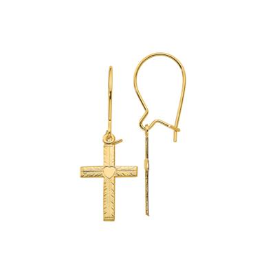 Polished and Satin Cross Drop Earrings in 14K Yellow Gold