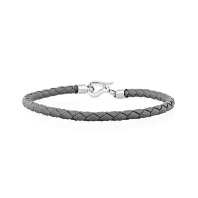 Men's Gray Woven Leather Bracelet with Stainless Steel