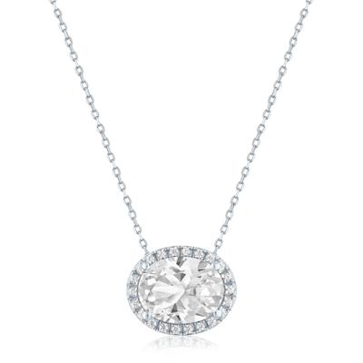 Lab-Created White Sapphire and Diamond Accent Halo Pendant in Sterling Silver