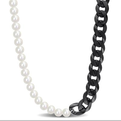 Bleached Freshwater Cultured Pearl Curb Link Necklace in Black Rhodium Sterling Silver