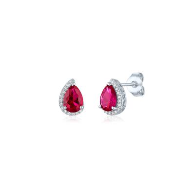 Lab-Created Ruby and Diamond Accent Pear-Shaped Half Halo Earrings in Sterling Silver