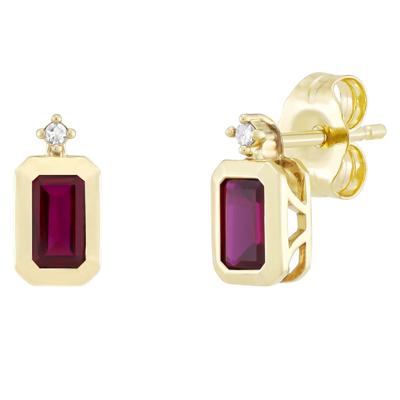 Emerald-Cut Lab-Created Ruby and Diamond Accent Bezel Earrings in 10K Yellow Gold