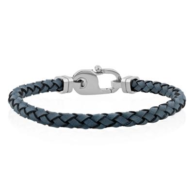 Gray Leather Bracelet in White Stainless Steel, 8.75"