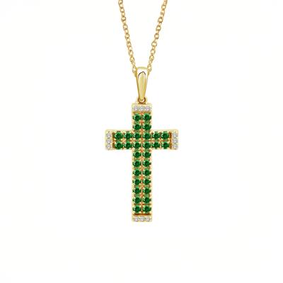 Emerald and Diamond Accent Cross Pendant in 10K Yellow Gold