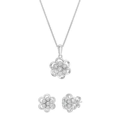 Diamond Flower Cluster Pendant & Earrings Boxed Set in Sterling Silver (1/4 ct. tw.)