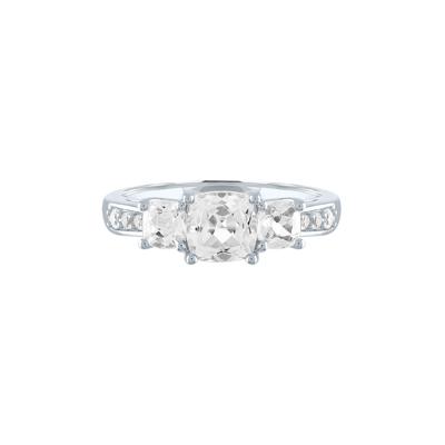 Lab Created White Sapphire Ring with Three-Stone Cushion-Cut in Sterling Silver
