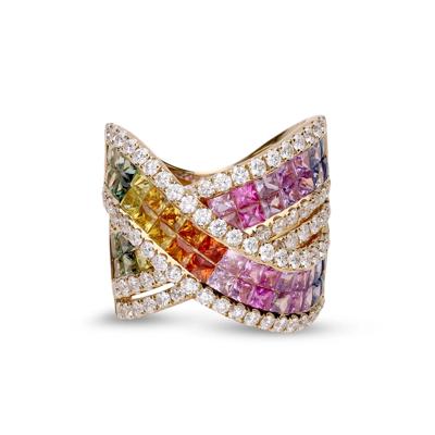 Multi-Colored Square Sapphires & Diamond Ring in 14K Yellow Gold (2 ct. tw.)