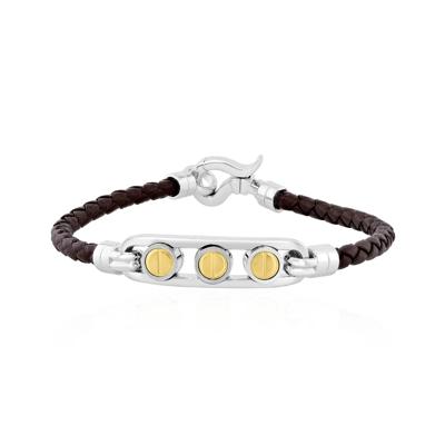 Men's Woven Leather Screw Bracelet in Sterling Silver and Vermeil, 8.5"