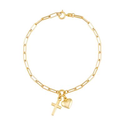 Paperclip Bracelet with Heart and Cross Charms in 14K Yellow Gold, 2MM, 7.25”