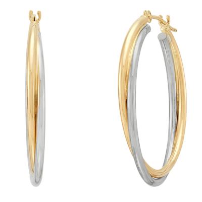 Crossover Oval Hoop Earrings in 14K Yellow and White Gold, 22x25MM