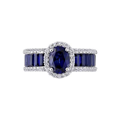 Oval Lab Created Blue & White Sapphire Halo Ring in Sterling Silver