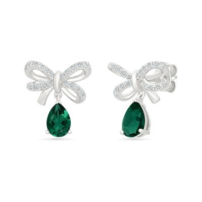Lab-Created Emerald & Lab-Created White Sapphire Bow Drop Earrings in Sterling Silver