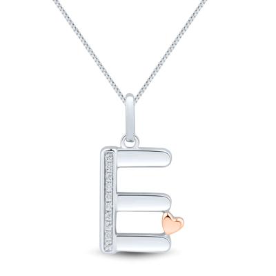 Diamond Accent Initial E Pendant in Sterling Silver and 14K Rose Gold