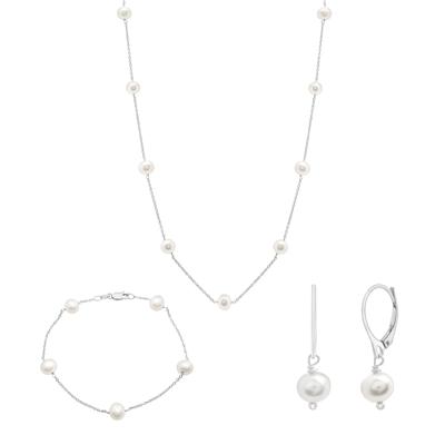 Freshwater Cultured Pearl Earring, Bracelet and Necklace Box Set in Sterling Silver
