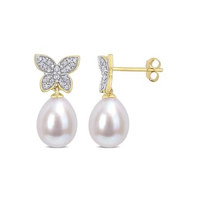Cultured Freshwater Pearl Earrings with Diamond Butterflies in 10K Yellow Gold (1/8 ct. tw.)