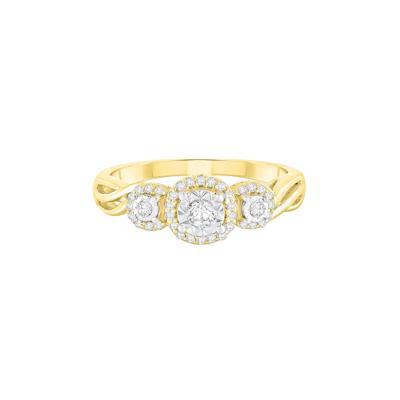 Three-Stone Halo Engagement Ring with Illusion Settings in 10K Yellow Gold (1/4 ct. tw.)