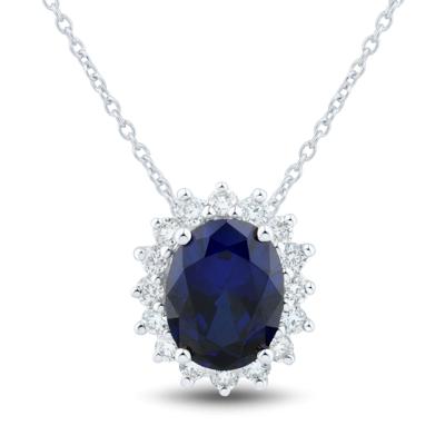 Lab-Created Blue Sapphire and Lab Grown Diamond Halo Pendant in 10K White Gold (1/3 ct. tw.)