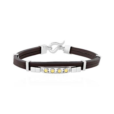 Men's Screw Design Leather Bracelet in Sterling Silver & Vermeil