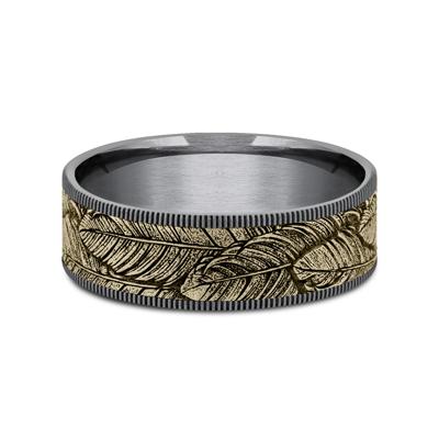 Men’s Bird Feather Wedding Band in 14K Gold & Tantalum, 7.5MM