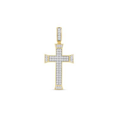 Men's Lab Grown Diamond Round and Baguette Cross Pendant in 10K Yellow Gold (1 ct. tw.)