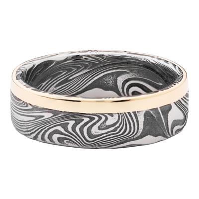 Men’s 14K Yellow Gold Inlay Wedding Band in Sunset Damascus Steel, 7MM