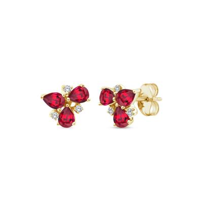 Pear-Shaped Ruby and Diamond Accent Cluster Stud Earrings in 10K Yellow Gold