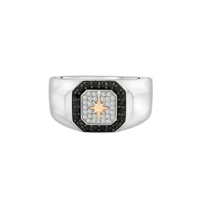 Men's Black and White Diamond Starburst Ring in Sterling Silver and 10K Yellow Gold (1/3 ct. tw.)