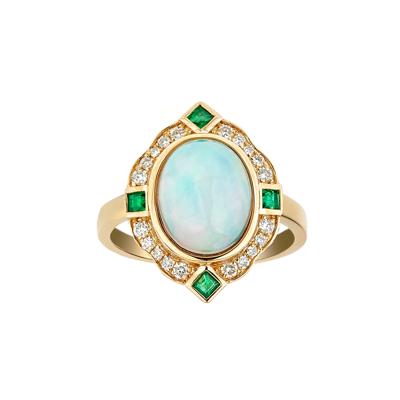 Opal, Emerald & 1/5 ct. tw. Diamond Ring in 10K Yellow Gold