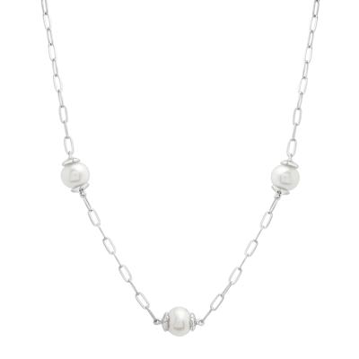 Freshwater Cultured Pearl Paperclip Chain Station Necklace in Sterling Silver