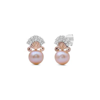Ariel Pink Pearl and Diamond Shell Earrings in Sterling Silver and 10K Rose Gold (1/7 ct. tw.)
