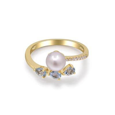 Pearl, Diamond Accent and Aquamarine Ring in 10K Yellow Gold