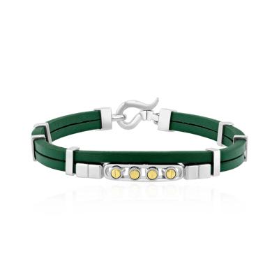 Men's Double Flat Green Leather Screw Bracelet in Vermeil and Sterling Silver, 8.5"