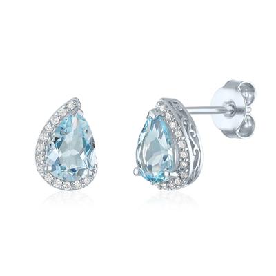 Aquamarine and Diamond Accent Pear-Shaped Half Halo Earrings in Sterling Silver
