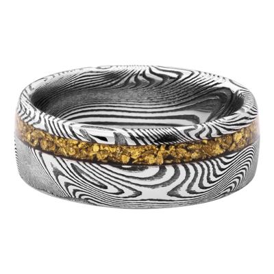 Men’s Gold Nugget Inlay Wedding Ring in Damascus Steel, 8MM