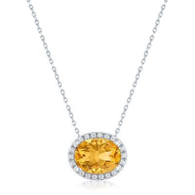 Citrine and Diamond Accent Halo Pendant in Sterling Silver
