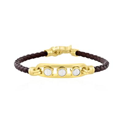 Men's Woven Leather Screw Bracelet in Sterling Silver and Vermeil, 8.5"