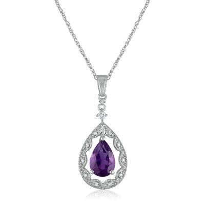 Pear-Shaped Amethyst and Diamond Accent Necklace in 14K White Gold