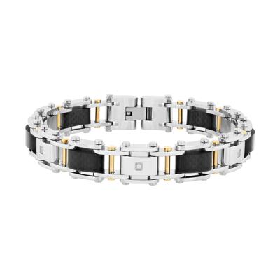 Men’s Link Bracelet with Diamond Accents in Two-Tone Stainless Steel and Forged Carbon, 12MM, 8.5”