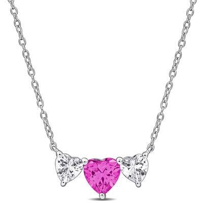 Lab-Created Pink Sapphire and Lab-Created White Sapphire Necklace Heart Necklace in Sterling Silver