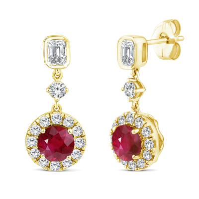 Ruby and Diamond Halo Drop Earring in 10K Yellow Gold (3/4 ct. tw.)