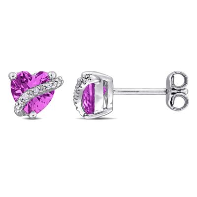 Lab-Created Pink Sapphire and Diamond Accent Heart Studs in Sterling Silver
