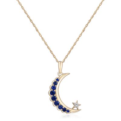 Blue Sapphire and Diamond Accent Moon and Star Pendant in 10K Yellow Gold