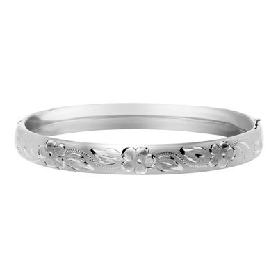 Engraved Floral Bangle Bracelet in Sterling Silver, 8MM, 7"