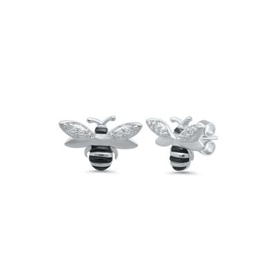 Bee Stud Earrings with Diamond Accents in Sterling Silver