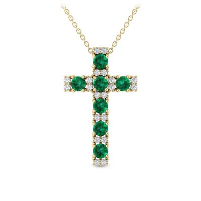 Emerald & Diamond Cross Pendant in 10K Yellow Gold (1/10 ct. tw.)