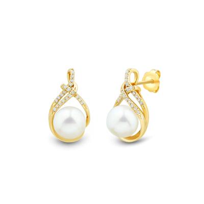 Button Freshwater Cultured Pearl and Diamond Earrings in 10K Yellow Gold (1/10 ct. tw.)